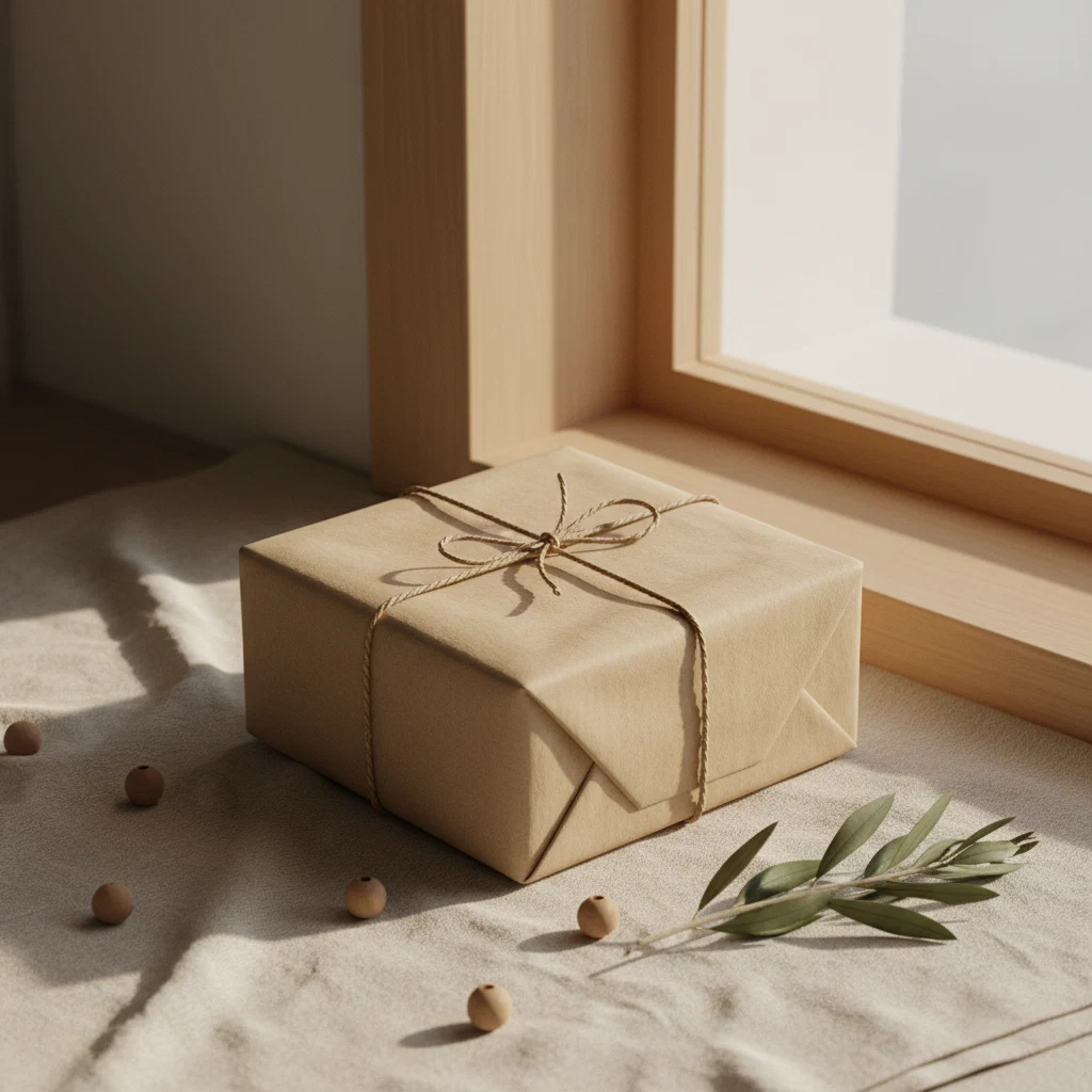 Een netjes ingepakt kraftpapier pakket op een tafel bij een voordeur - levering aan huis zonder vooruitbetaling
