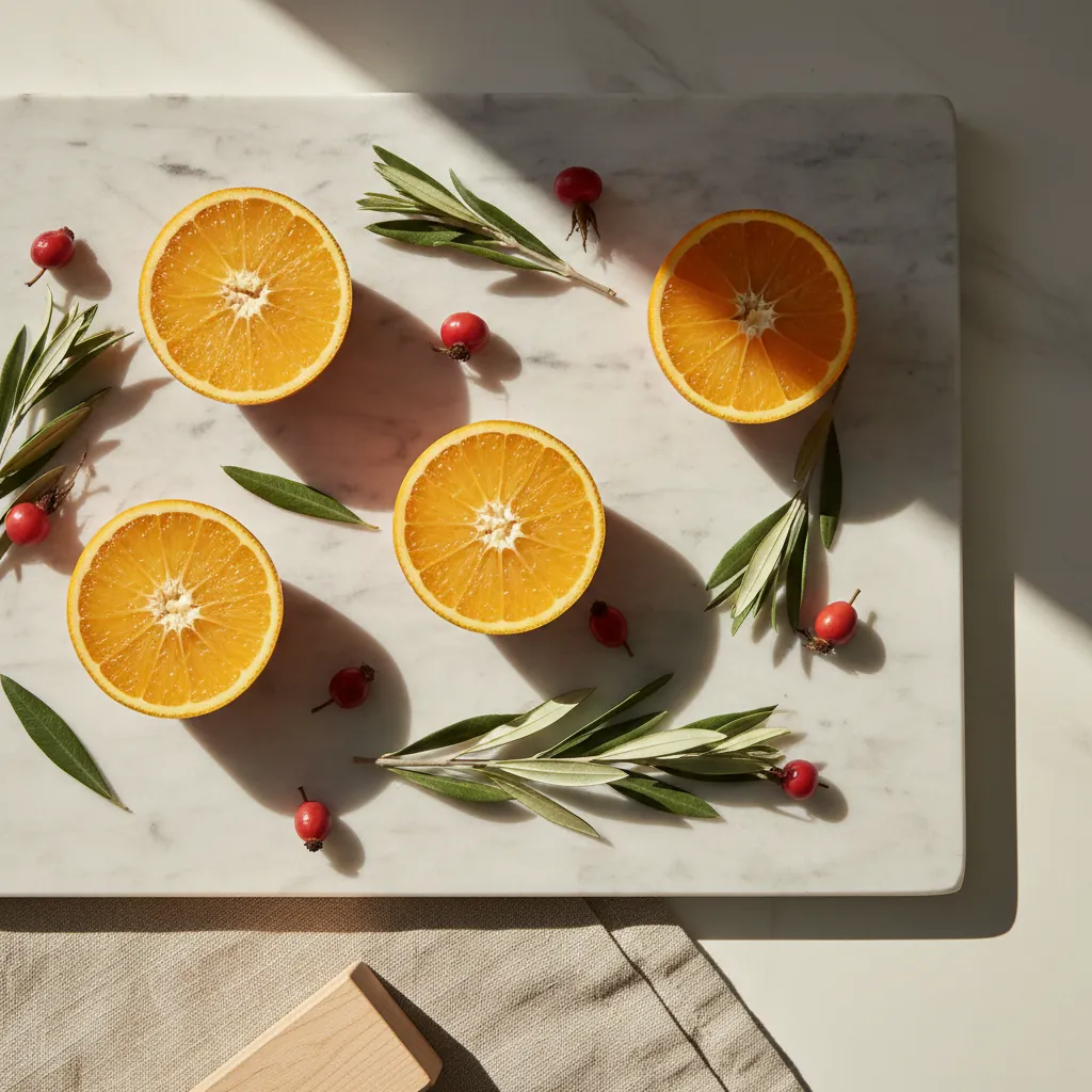 Verse sinaasappelen, rozenbottels en groene bladeren op een lichte houten tafel - ingrediënten voor vitamine C