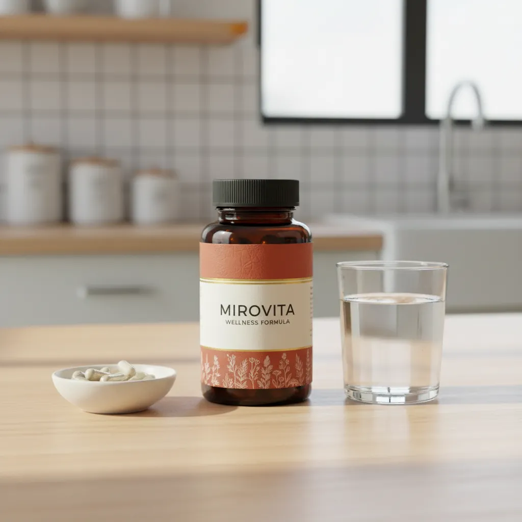 MiroVita Wellness Formula witte apotheekfles met witte dop op een lichte keukenplank naast een glas water en een kom amandelen